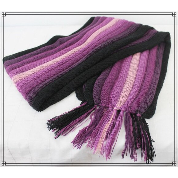 Peruvian Peru Llama Wool Knit Scarf Stripes Fringe Black Grey Pink Purple Brown - Picture 5 of 5